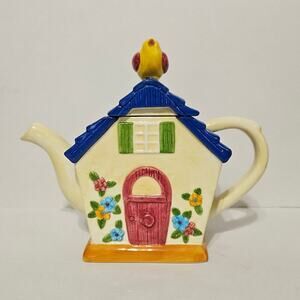 Cooks Club Bird & House Tea Pot Blue Roof Yellow Bird Collectors Item